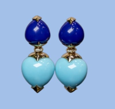 Elegant blue and gold earrings shaped like hearts, 