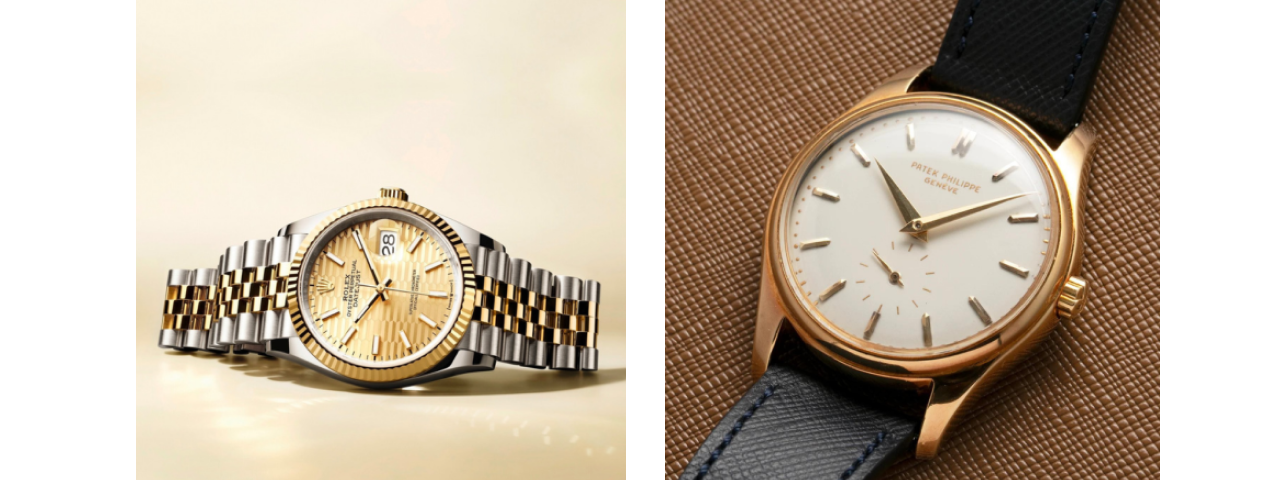Two images of watches: one featuring a sleek silver metal strap and the other showcasing a dark leather strap, highlighting distinct styles