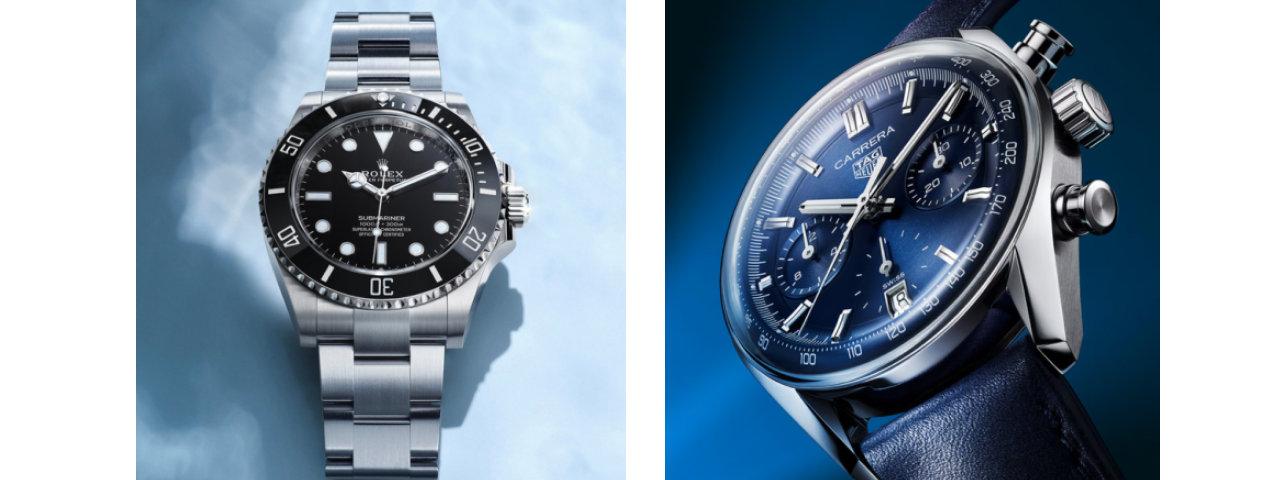 Two images of luxury watches: one showcasing a Carrera watch known for its sporty elegance, and the other featuring a Rolex, renowned for its classic sophistication.