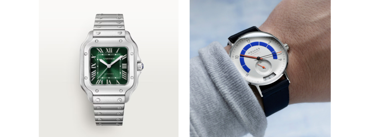 Two images of luxury watches: one featuring a Cartier watch known for its elegant design, and the other showcasing a Nomos watch recognized for its minimalist style and craftsmanship