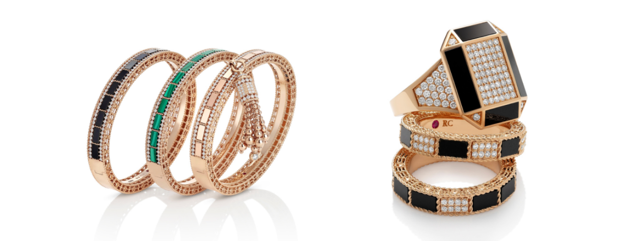 Two images, each featuring three gold rings adorned with diamonds, highlighting luxury and elegance in design