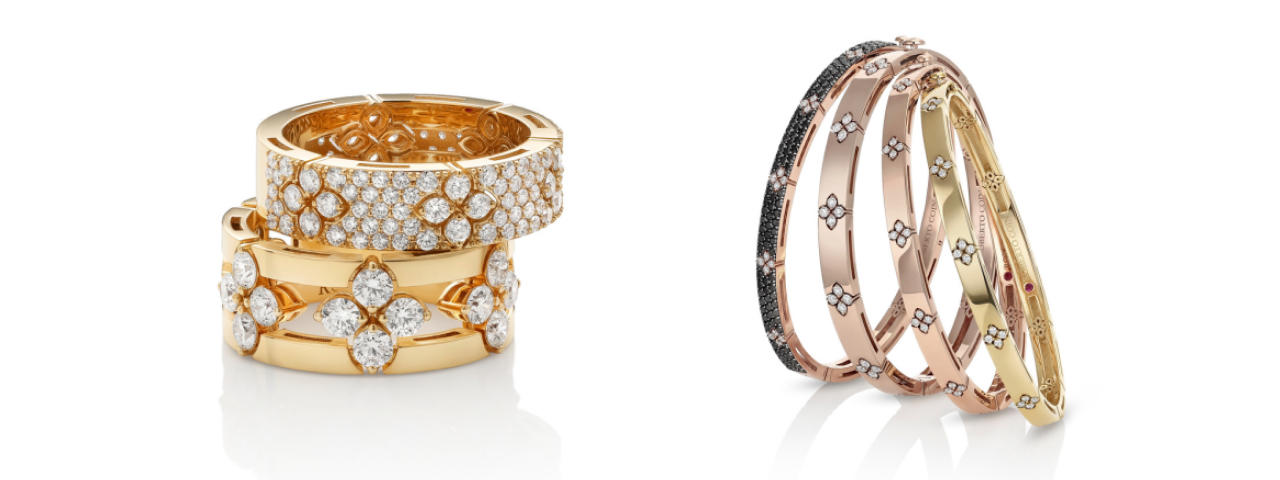 Two images of gold and diamond rings: one featuring two thick gold rings with diamonds, and the other displaying four thinner gold rings also adorned with diamonds