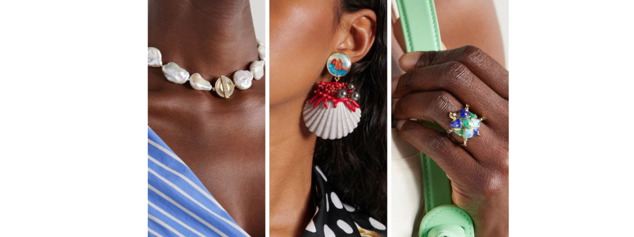 Three models showcasing jewelry: one wearing an elegant necklace, another displaying stunning earrings, and the third showcasing a glamorous ring, highlighting luxury and style