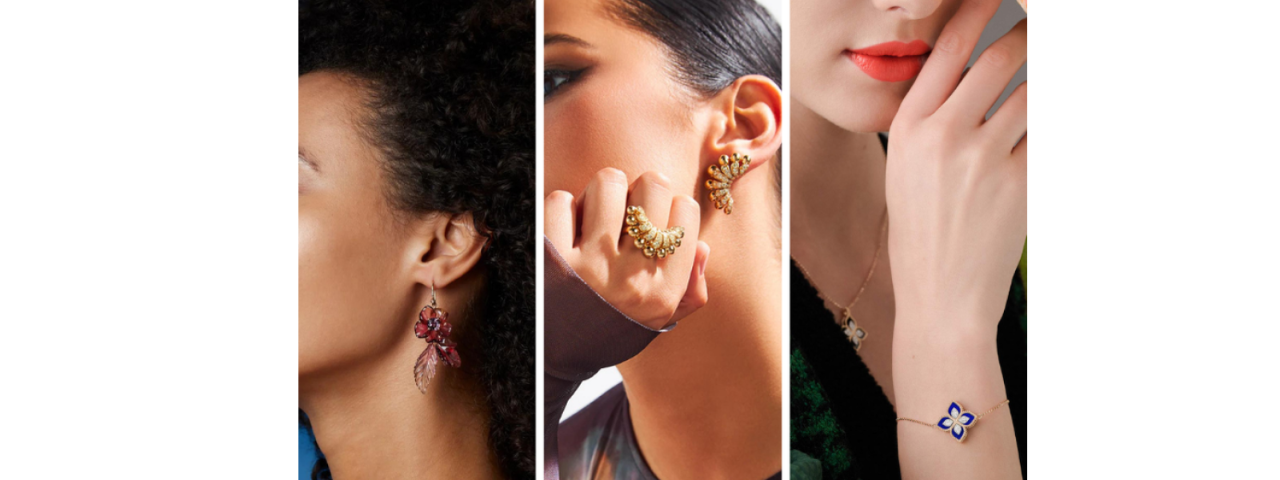Three images of a model showcasing jewelry: one with earrings, another featuring a matching ring and earring set, and the third displaying a coordinated bracelet and necklace