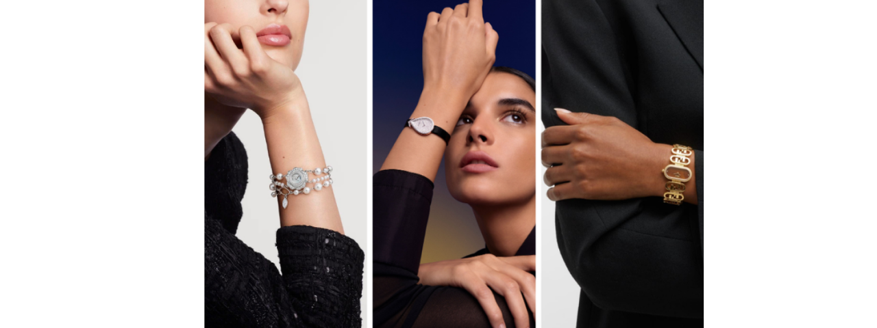 Three images of a woman in black: the first showcasing a silver bracelet, the second highlighting a stylish watch, and the third featuring a gold bracelet, all emphasizing elegance and sophistication.