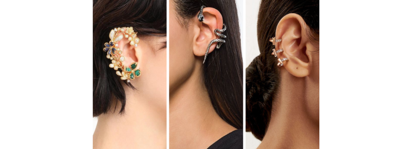 Three images of earrings: one featuring floral designs, the second depicting snake motifs, and the third showcasing intricate bow embellishments, highlighting diverse jewelry styles.