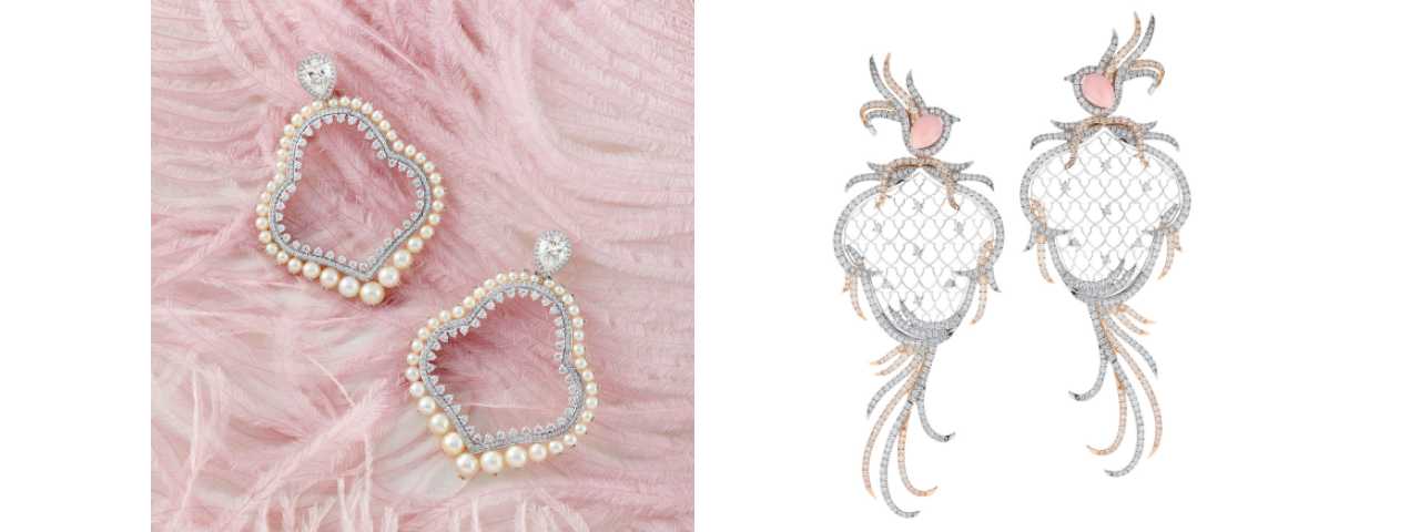 Two images of earrings designed in the shape of dreamcatchers, featuring intricate details and delicate craftsmanship