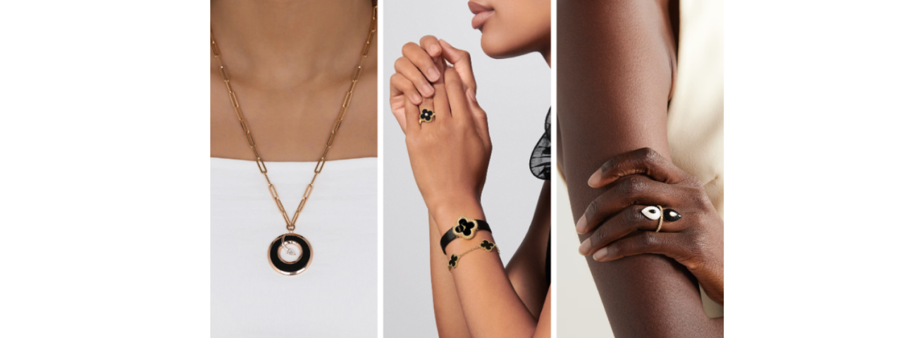 Three images of a model: one showcasing a necklace, another displaying a matching bracelet and ring set, and the third featuring a standalone ring, highlighting elegant jewelry design