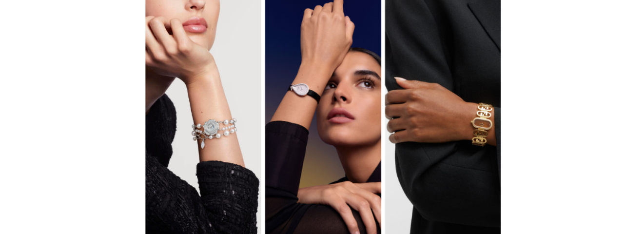 Three images of a woman in black: the first showcasing a silver bracelet, the second highlighting a stylish watch, and the third featuring a gold bracelet, all emphasizing elegance and sophistication.