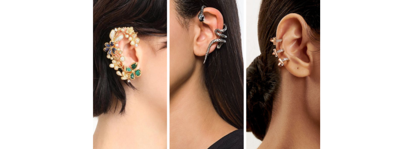 Three images of earrings: one featuring floral designs, the second depicting snake motifs, and the third showcasing intricate bow embellishments, highlighting diverse jewelry styles.