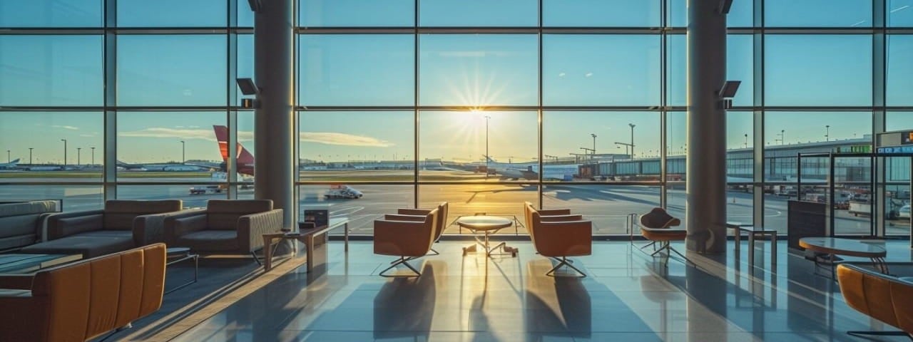 A large window showcasing a bustling airport terminal with planes and travelers visible outside.